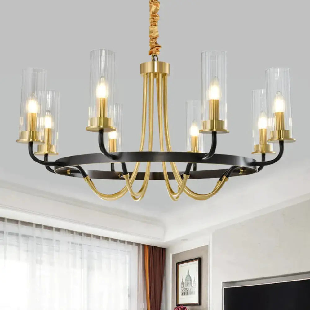 6/8 Lights Pendant Light Classic Tube Clear Glass Hanging Chandelier In Black/Gold With Wheel