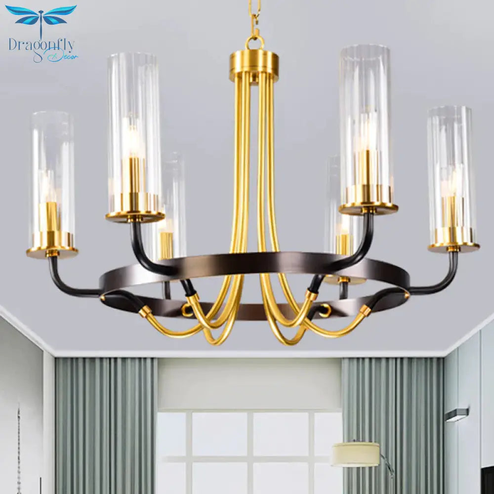 6/8 Lights Pendant Light Classic Tube Clear Glass Hanging Chandelier In Black/Gold With Wheel Design