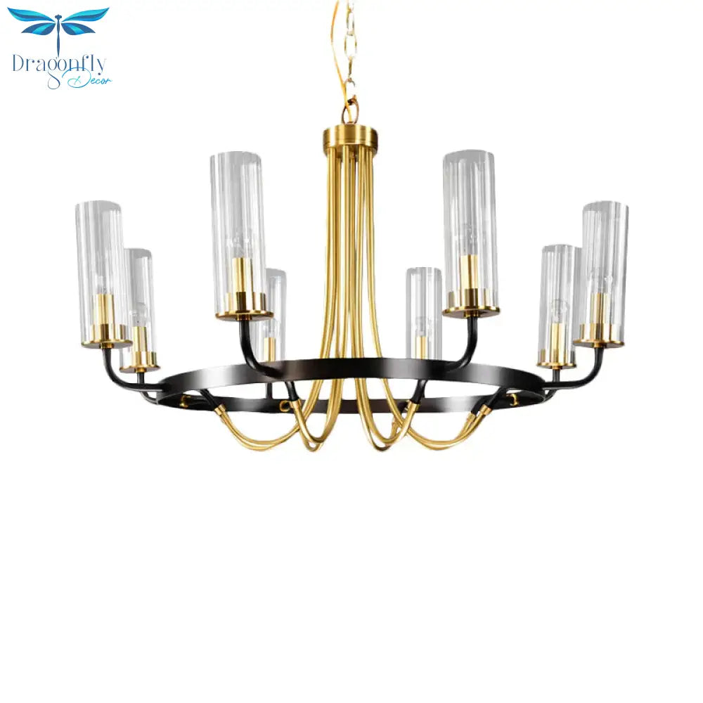 6/8 Lights Pendant Light Classic Tube Clear Glass Hanging Chandelier In Black/Gold With Wheel Design