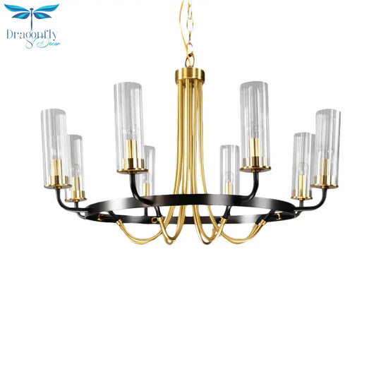 6/8 Lights Pendant Light Classic Tube Clear Glass Hanging Chandelier In Black/Gold With Wheel Design
