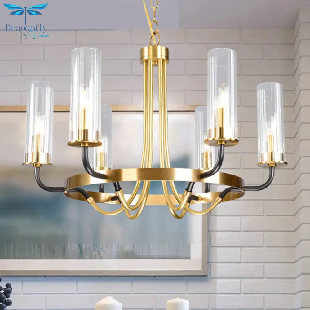 6/8 Lights Pendant Light Classic Tube Clear Glass Hanging Chandelier In Black/Gold With Wheel Design