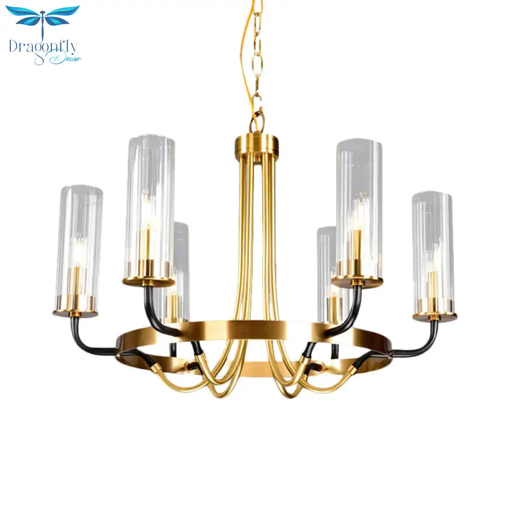 6/8 Lights Pendant Light Classic Tube Clear Glass Hanging Chandelier In Black/Gold With Wheel Design