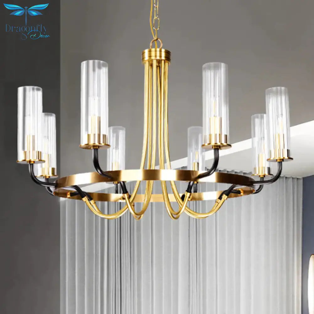 6/8 Lights Pendant Light Classic Tube Clear Glass Hanging Chandelier In Black/Gold With Wheel Design
