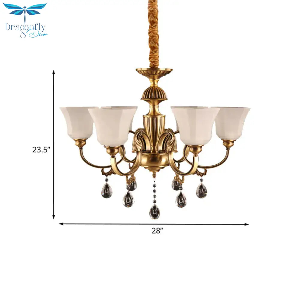 6 - Bulb Chandelier With Bell Shade Frosted Glass Classic Hallway Ceiling Suspension Lamp In Brass