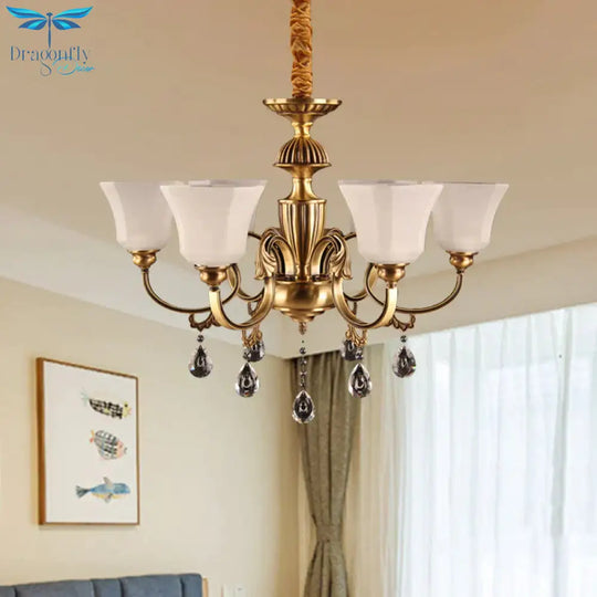 6 - Bulb Chandelier With Bell Shade Frosted Glass Classic Hallway Ceiling Suspension Lamp In Brass