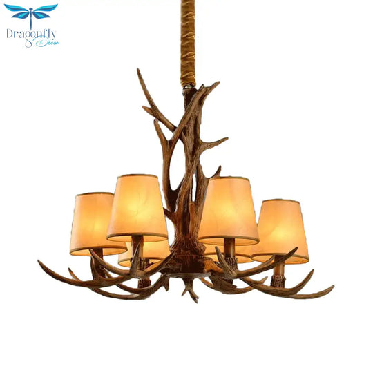 6 - Bulb Conical Chandelier Light Antique Brown Resin Suspension Pendant With Glass Shade For