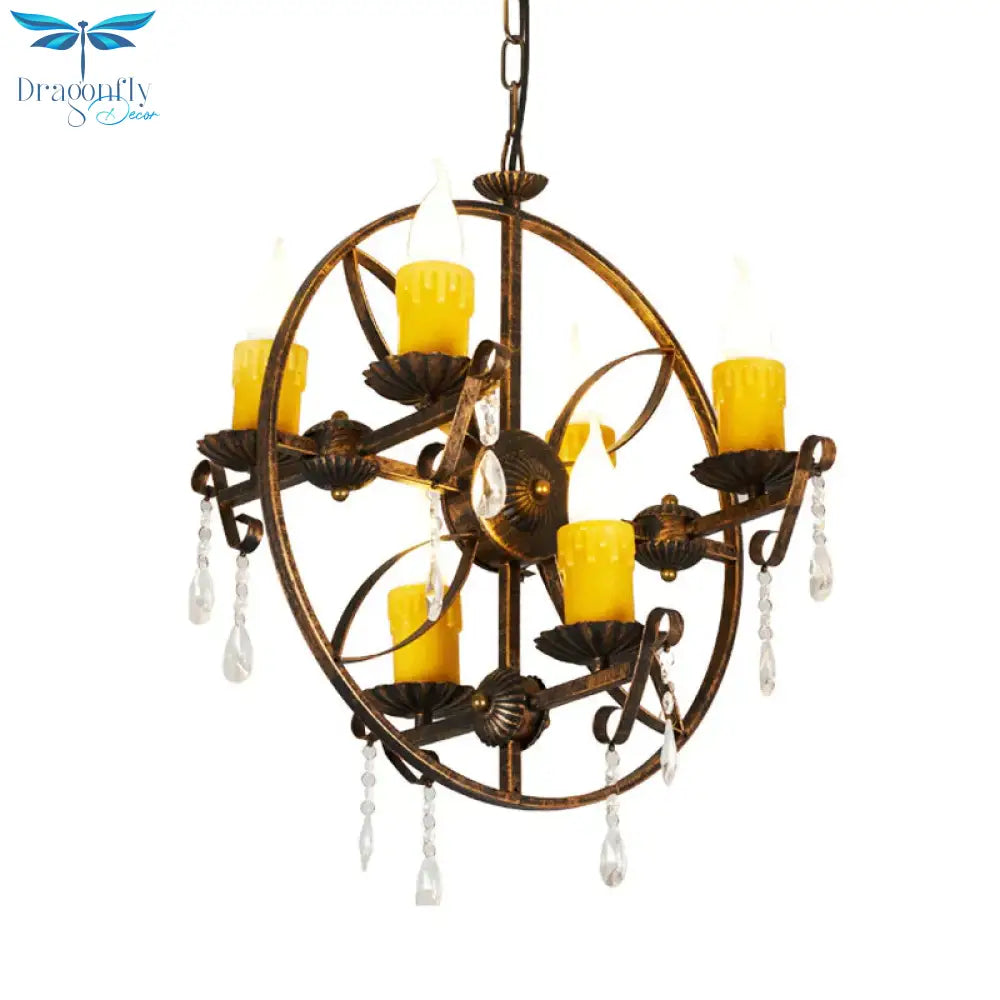 6 - Bulb Pendant Chandelier Vintage Candle Iron Hanging Light In Rust With Circle Design And