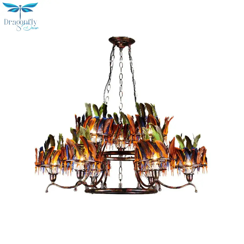 6 Bulbs 2 - Layer Pendant Light Antiqued Rust Iron Ceiling Chandelier With Red - Blue - Green