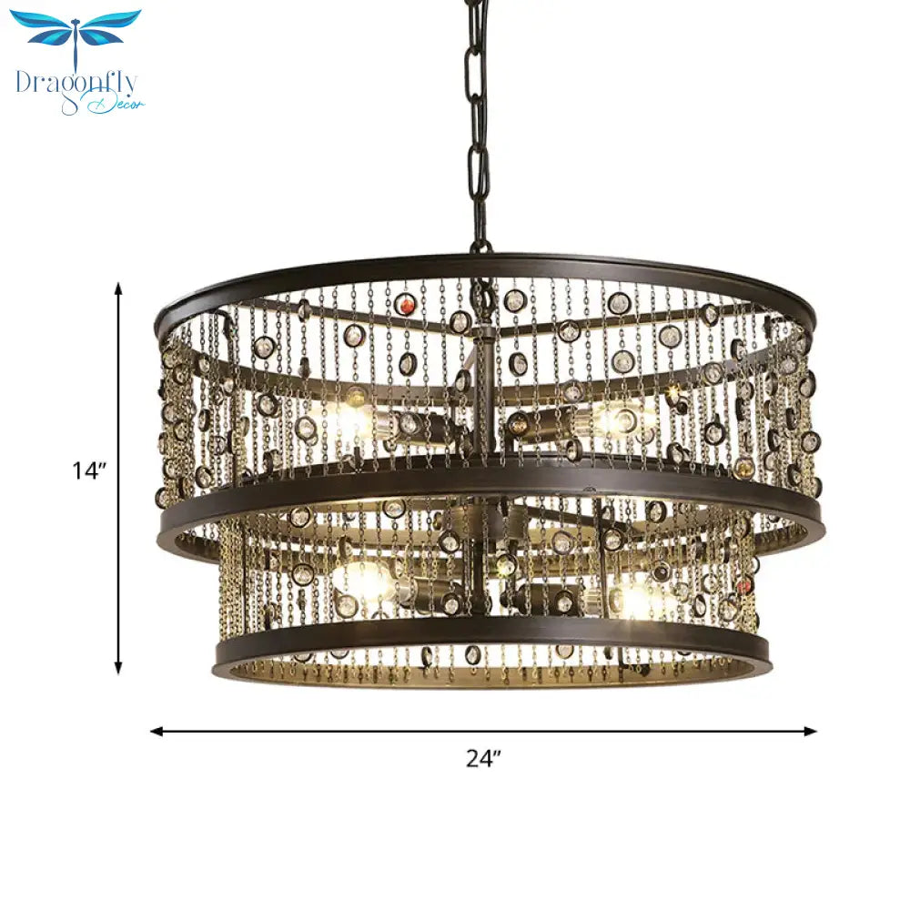 6 Bulbs 2 - Tier Round Chandelier Lighting Antique Bronze Metal Pendang Light Fixture For Bedroom