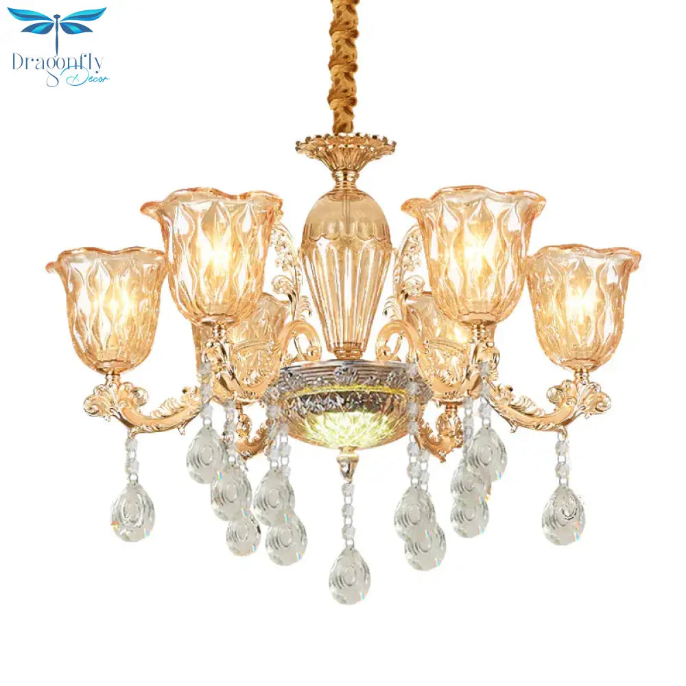 6 Bulbs Bell Up Chandelier Traditional Gold Clear Pebble Glass Hanging Light Fixture Over Table