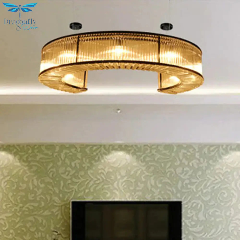 6 Bulbs Crystal Block Hanging Chandelier Vintage Gold C - Shaped Living Room Pendant Lighting