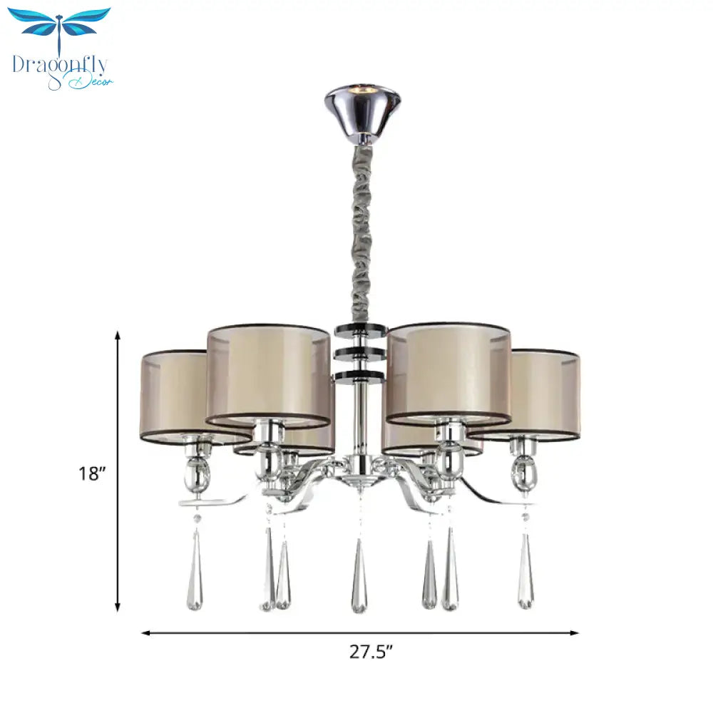 6 Bulbs Cylinder Chandelier Light Rustic Chrome Fabric Pendant Lighting Fixture With Crystal Drop