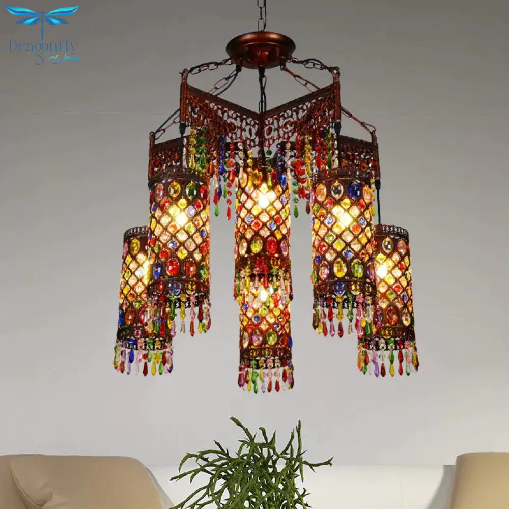 6 Bulbs Hanging Chandelier Bohemian Cylinder Metal Pendant Light Fixture In Copper For Living Room