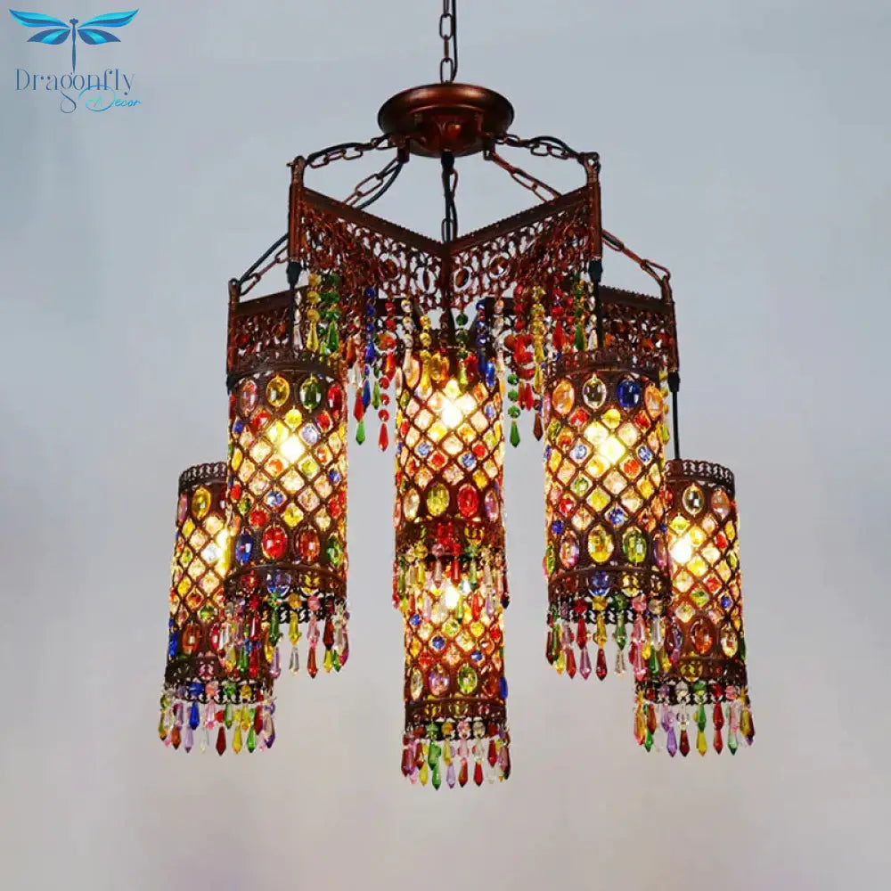 6 Bulbs Hanging Chandelier Bohemian Cylinder Metal Pendant Light Fixture In Copper For Living Room