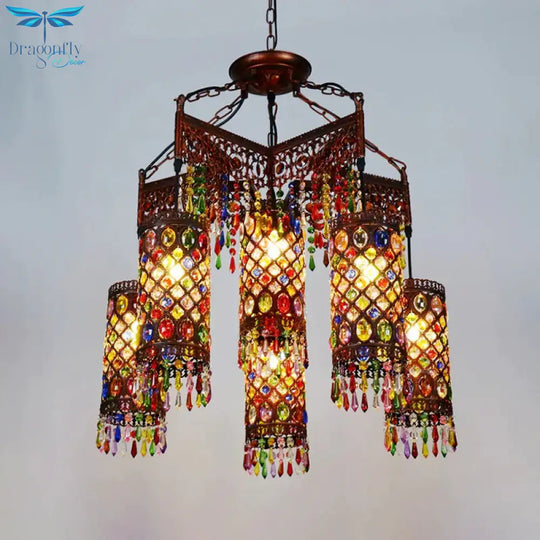 6 Bulbs Hanging Chandelier Bohemian Cylinder Metal Pendant Light Fixture In Copper For Living Room