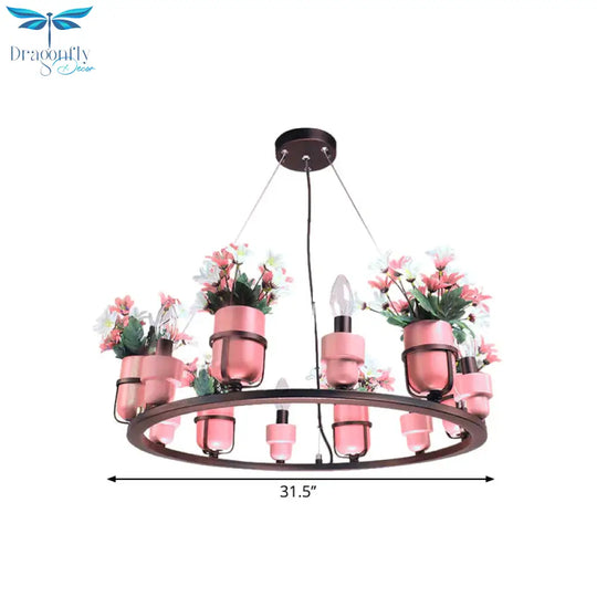 6 Bulbs Metal Chandelier Industrial Pink/Blue Circular Pendant Light Kit With Candle Design