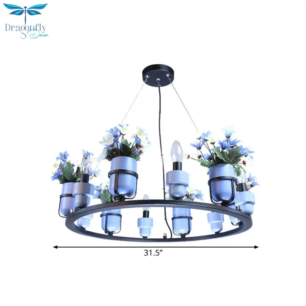 6 Bulbs Metal Chandelier Industrial Pink/Blue Circular Pendant Light Kit With Candle Design