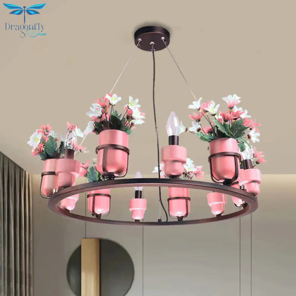6 Bulbs Metal Chandelier Industrial Pink/Blue Circular Pendant Light Kit With Candle Design