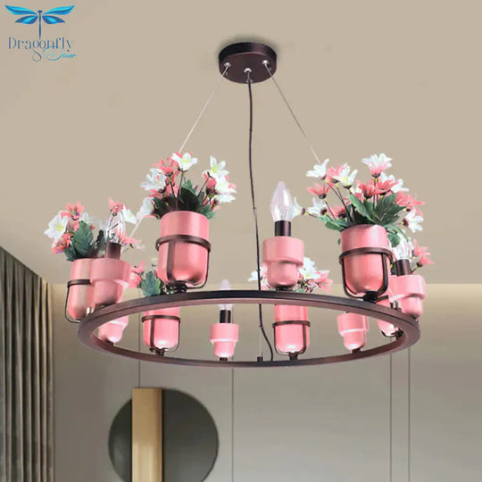 6 Bulbs Metal Chandelier Industrial Pink/Blue Circular Pendant Light Kit With Candle Design
