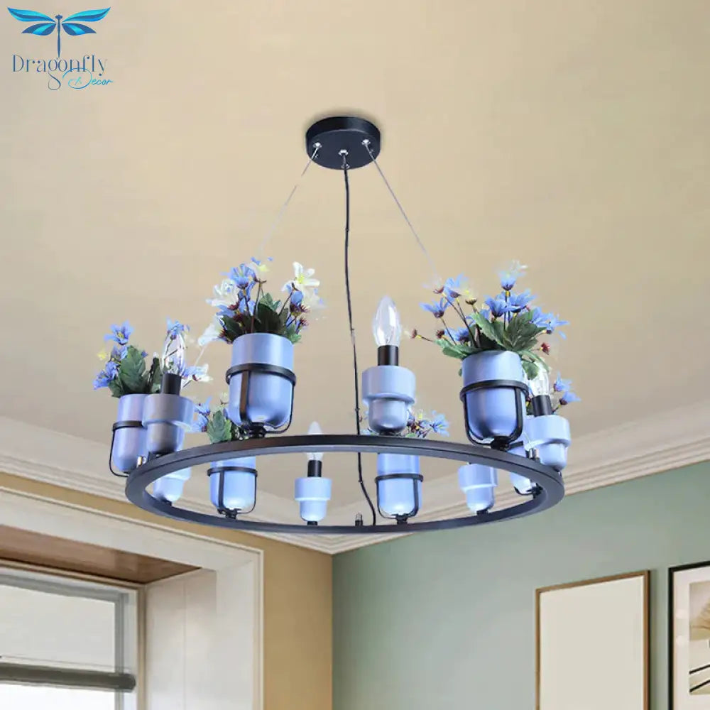 6 Bulbs Metal Chandelier Industrial Pink/Blue Circular Pendant Light Kit With Candle Design