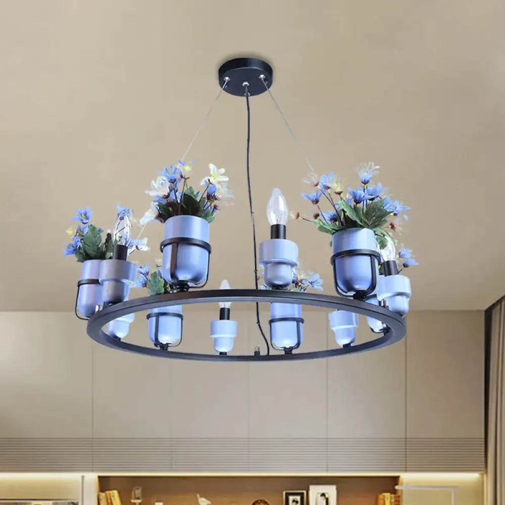6 Bulbs Metal Chandelier Industrial Pink/Blue Circular Pendant Light Kit With Candle Design Blue