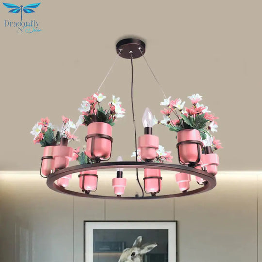 6 Bulbs Metal Chandelier Industrial Pink/Blue Circular Pendant Light Kit With Candle Design