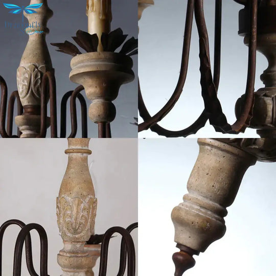 6 Bulbs Starburst Ceiling Chandelier Traditional Wood Suspended Lighting Fixture In Grey