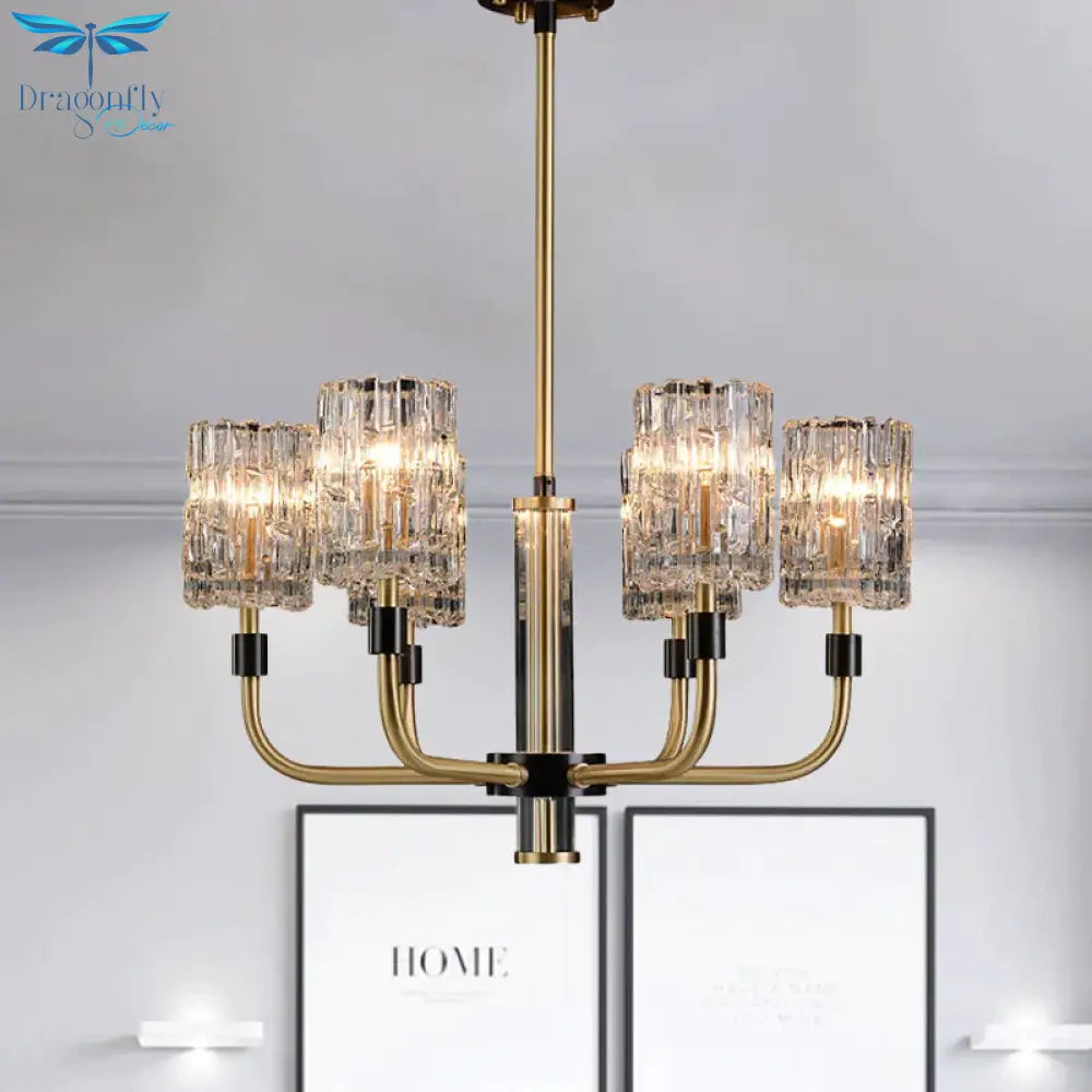 6 - Head Clear Crystal Pendant Traditionalist Gold Cylindrical Restaurant Chandelier Light Fixture