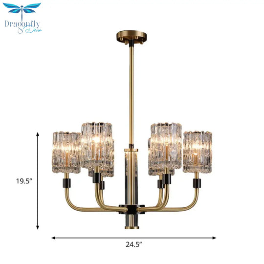 6 - Head Clear Crystal Pendant Traditionalist Gold Cylindrical Restaurant Chandelier Light Fixture
