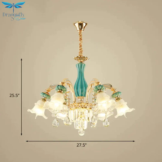 6 - Head Drooping Flower Chandelier Retro Gold - Teal Frosted Glass Suspension Lamp With Crystal