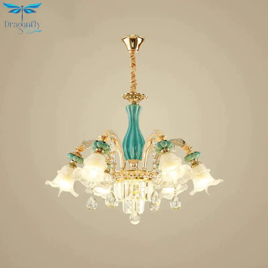 6 - Head Drooping Flower Chandelier Retro Gold - Teal Frosted Glass Suspension Lamp With Crystal