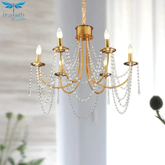 6 Heads Candle Style Ceiling Pendant Light Modern Gold Crystal Beaded Chandelier