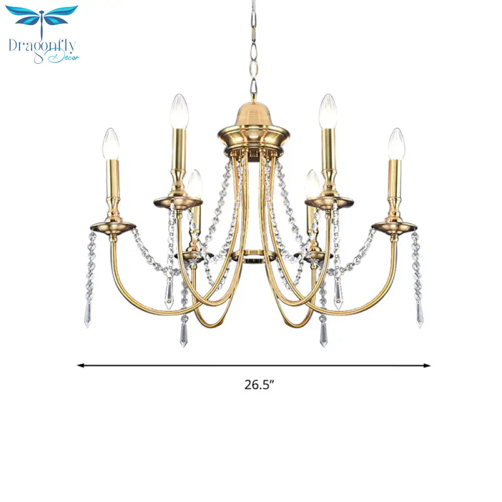 6 Heads Crystal Strand Hanging Light Postmodern Gold Candle Bedroom Chandelier Lamp
