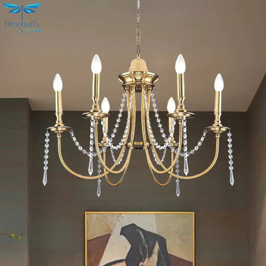 6 Heads Crystal Strand Hanging Light Postmodern Gold Candle Bedroom Chandelier Lamp