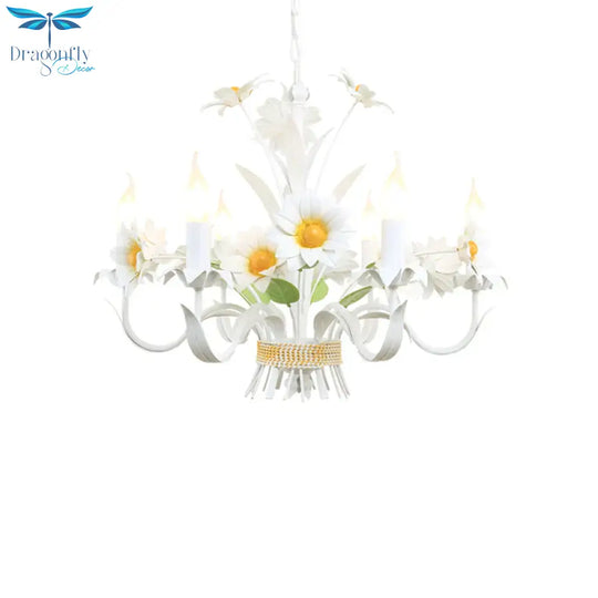 6 Heads Daisy Flower Bunch Chandelier American Garden White Iron Hanging Light With Candle Design