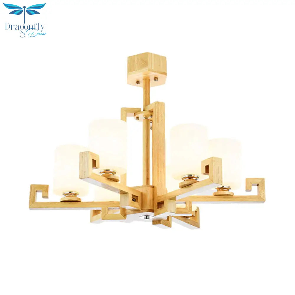 6 Heads Dining Room Ceiling Chandelier Modernism Beige Hanging Lamp Kit With Cylinder White Glass