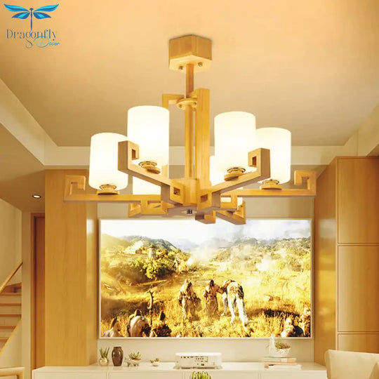 6 Heads Dining Room Ceiling Chandelier Modernism Beige Hanging Lamp Kit With Cylinder White Glass