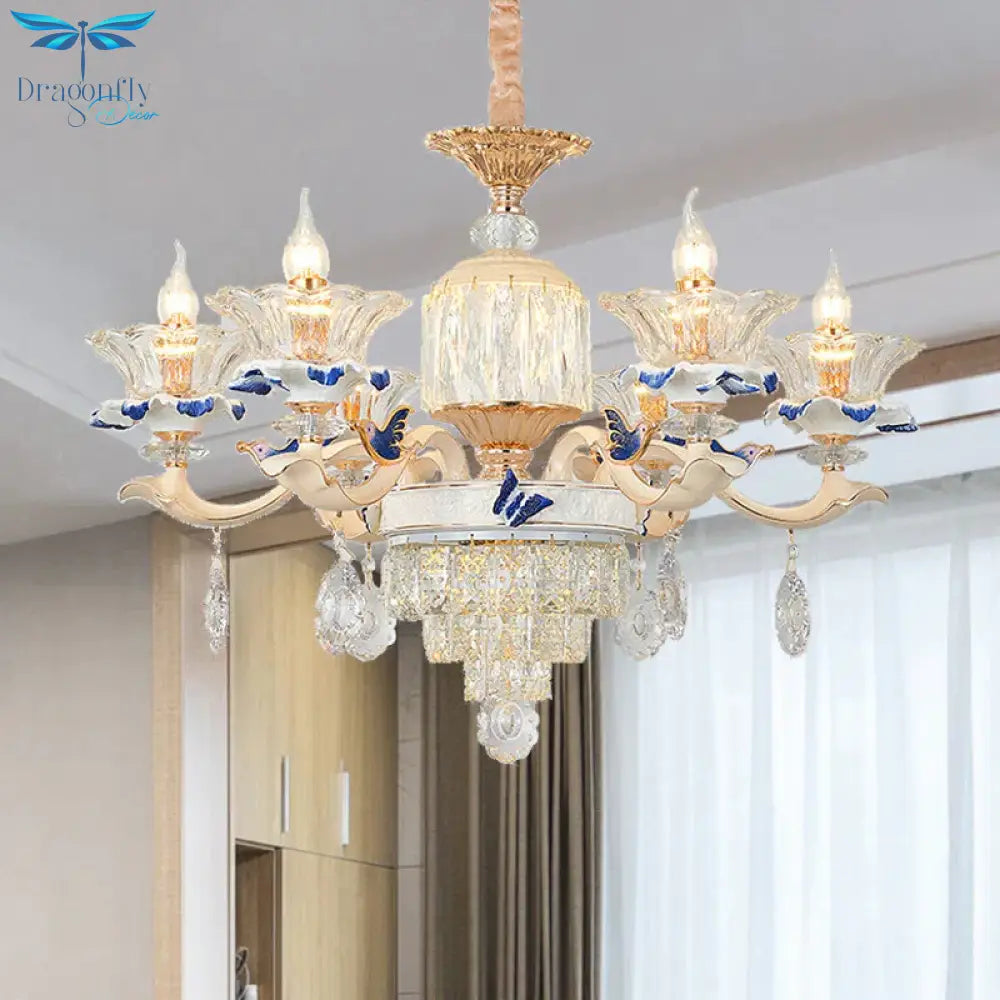6 Heads Dining Room Chandelier Lamp Tradition Gold Hanging Light Fixture With Flared Clear Glass