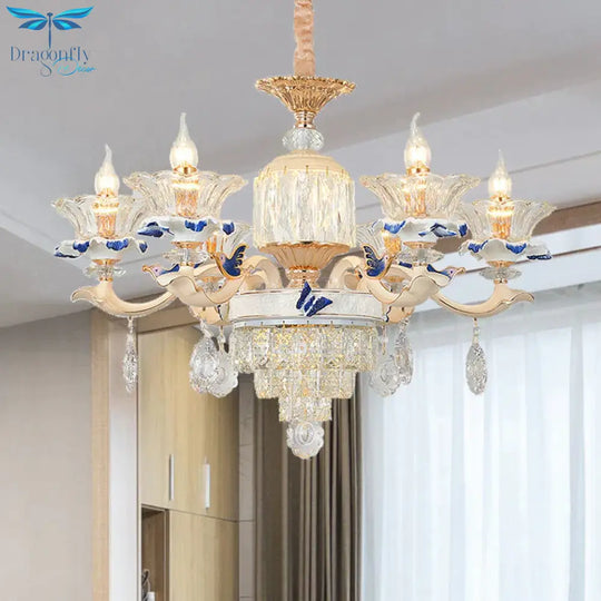 6 Heads Dining Room Chandelier Lamp Tradition Gold Hanging Light Fixture With Flared Clear Glass