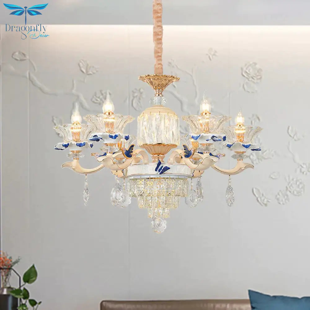 6 Heads Dining Room Chandelier Lamp Tradition Gold Hanging Light Fixture With Flared Clear Glass
