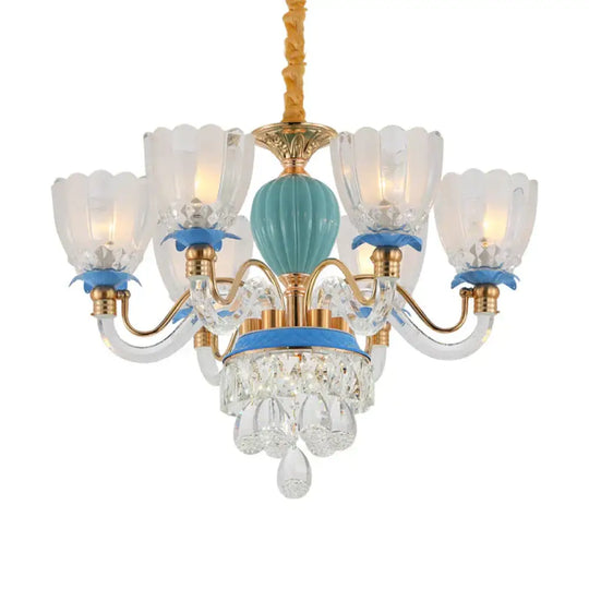 6 Heads Floral Shaped Chandelier Lamp Traditional Blue Crystal Suspension Pendant