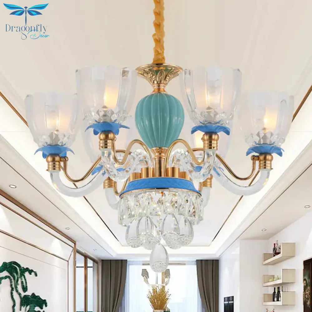 6 Heads Floral Shaped Chandelier Lamp Traditional Blue Crystal Suspension Pendant