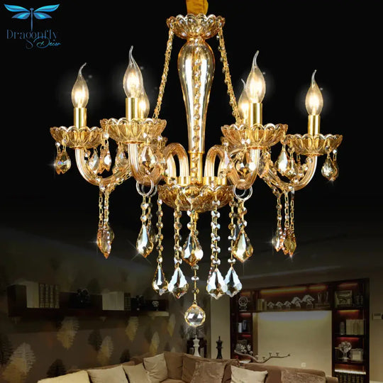6 Heads Gold Glass Hanging Ceiling Light Traditional Candle Living Room Chandelier Lighting With