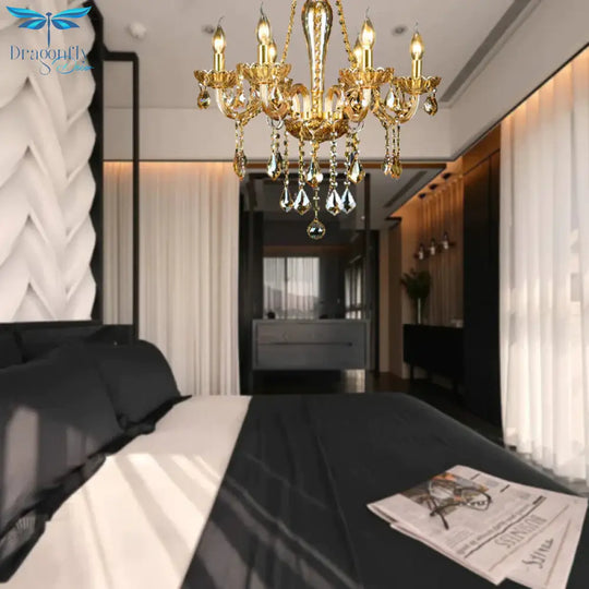 6 Heads Gold Glass Hanging Ceiling Light Traditional Candle Living Room Chandelier Lighting With