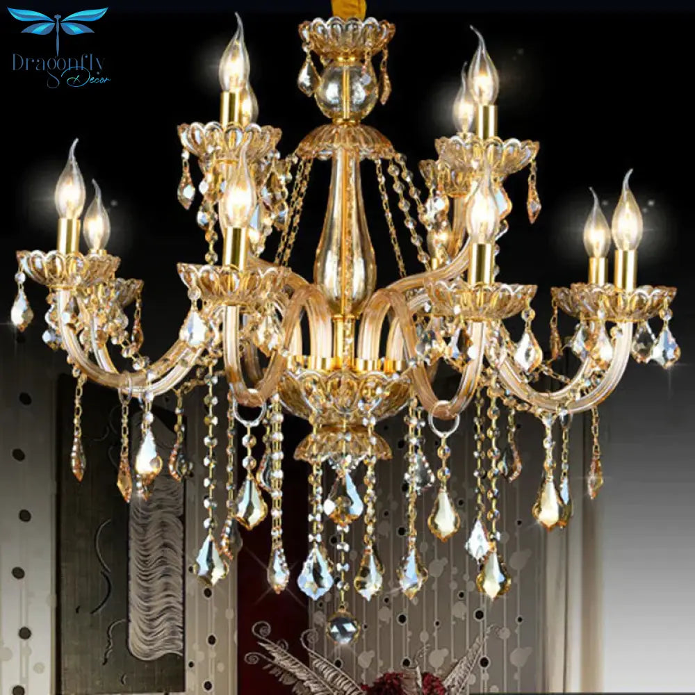 6 Heads Gold Glass Hanging Ceiling Light Traditional Candle Living Room Chandelier Lighting With
