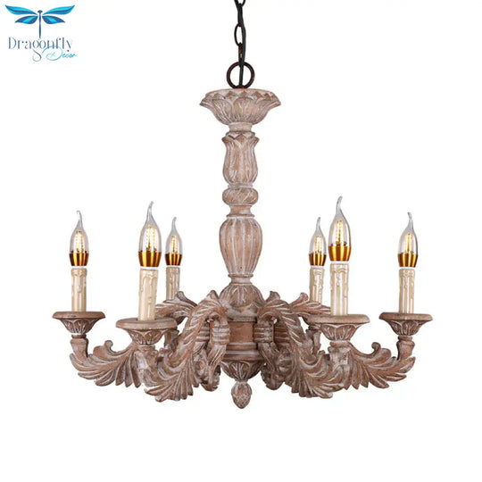 6 Heads Living Room Hanging Chandelier Traditional Brown Ceiling Pendant Light With Branch Wood
