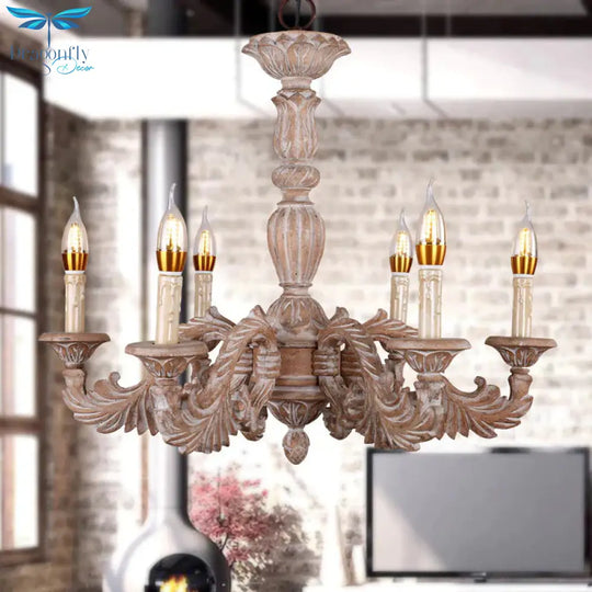 6 Heads Living Room Hanging Chandelier Traditional Brown Ceiling Pendant Light With Branch Wood