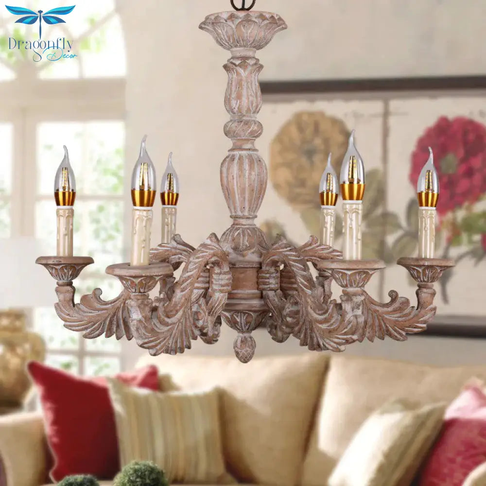 6 Heads Living Room Hanging Chandelier Traditional Brown Ceiling Pendant Light With Branch Wood
