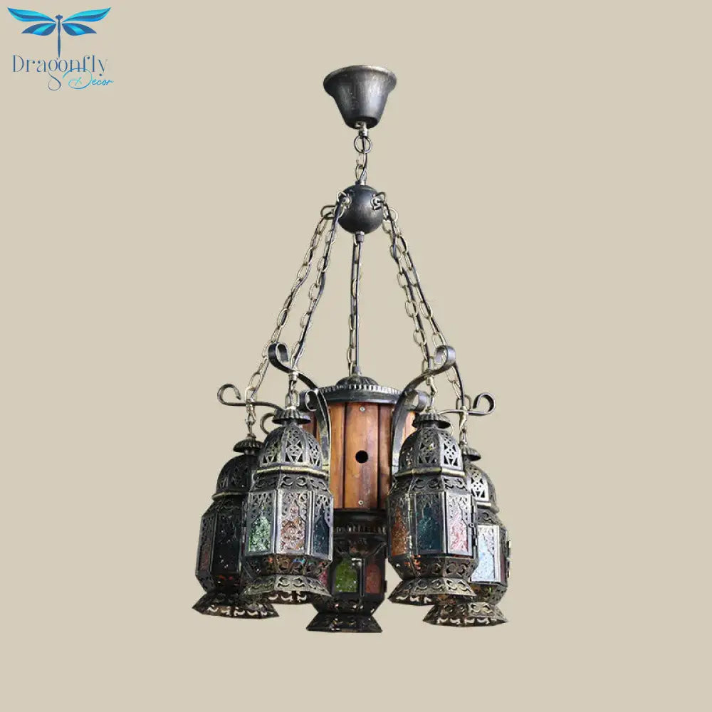 6 Heads Metal Hanging Lighting Arab Style Bronze Lantern Restaurant Ceiling Chandelier