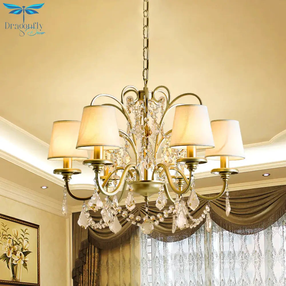 6 Heads Suspension Light With Tapered Crystal Stands Traditional Dinning Hall Chandelier In Gold
